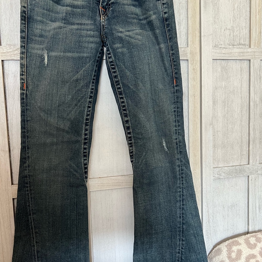 True Religion Joey Blue Flare Jeans with Distressed Details